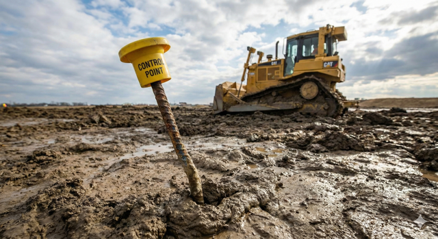 control point and machinery in mud