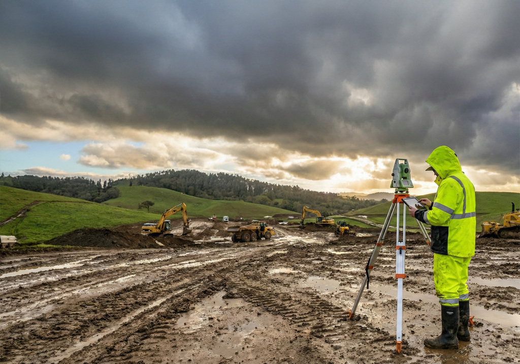 muddy jobsite with green hills and skies clearing