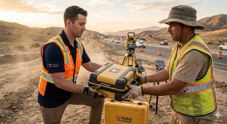 Topo Element delivery driver handing a high-end Topcon total station, still in its case, directly to a surveyor on a dusty construction site