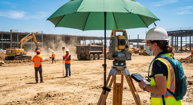 worker with topcon GT on worksite with umbrella for shade